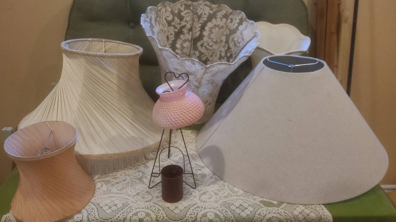 9 Lamp Shades and 1 Pink Glass Hurricane Shade