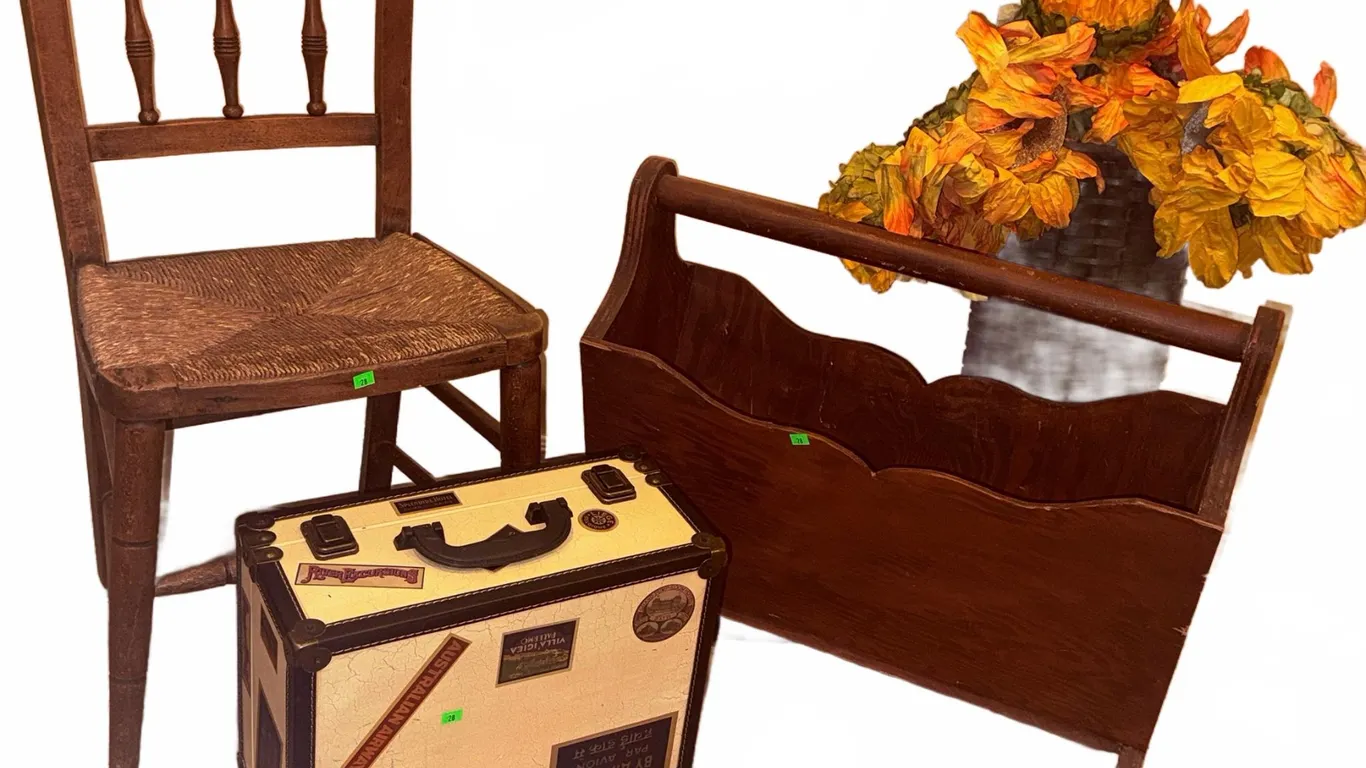 Wooden Side Chair, Magazine Rack, and Decorative Storage Box Group