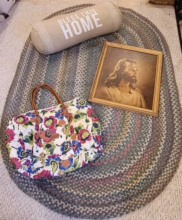 Home Decor: Braided Rug, Jesus Portrait, Floral Bag, Pillow