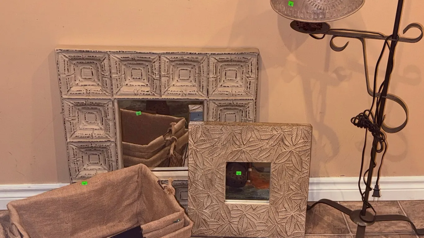 Decorative Metal Floor Lamp, Two Framed Mirrors, and Three Burlap Storage Baskets