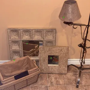 Decorative Metal Floor Lamp, Two Framed Mirrors, and Three Burlap Storage Baskets