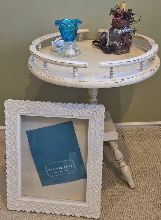 Shabby Chic Round Accent Table, Blue Glass Lamp, Framed Shadowbox