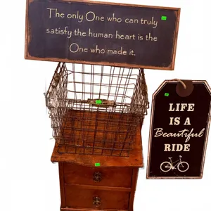 Decorative Signs, Wire Basket, and Two-Drawer Wooden Side Table