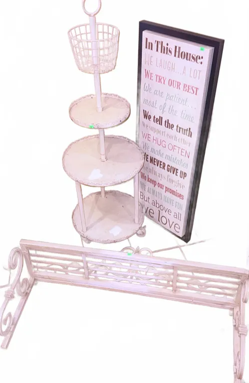 Metal Scrollwork Fireplace Fender and Three-Tier Plant Stand