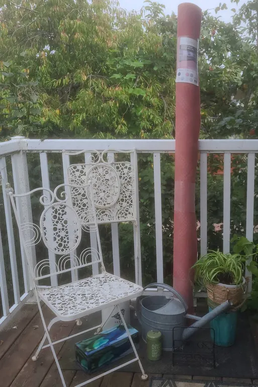 Outdoor Patio Set: 2 White Metal Chairs, Roomio Rug, Accessories