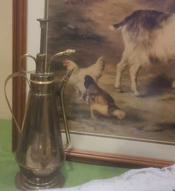 Decor Lot: Framed Farm Print, Wood Stool, Linens, Brass Pitcher, Kitchen Items