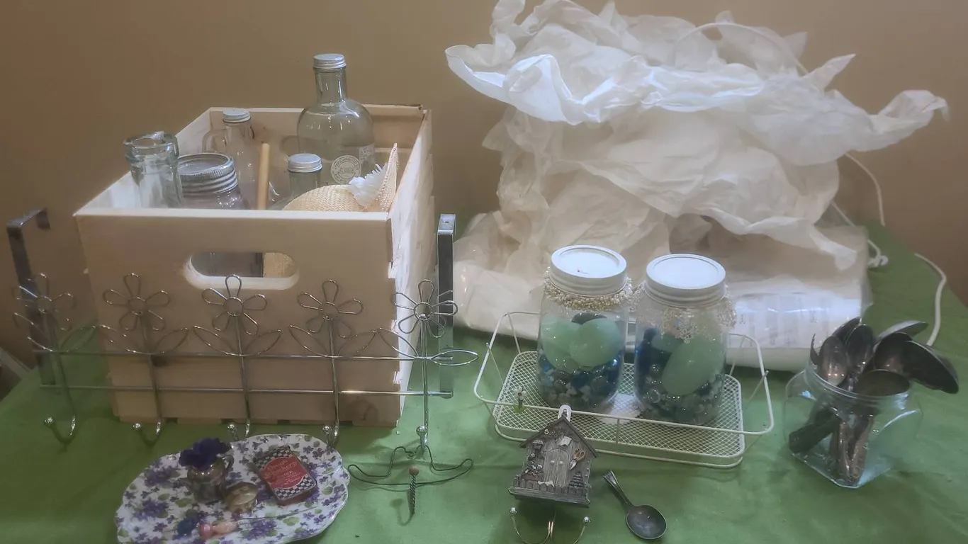 Household Decor Lot Including Glassware, Wire Organizer, Krusning IKEA Pendant Lamp and Accessories