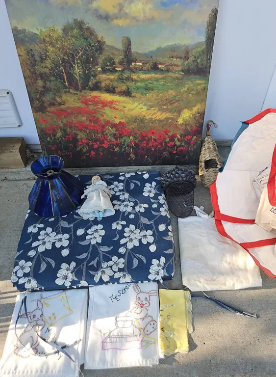 Lot: Landscape Painting, Blue Glass Shade, Porcelain Doll, Linens and Wicker Bird House