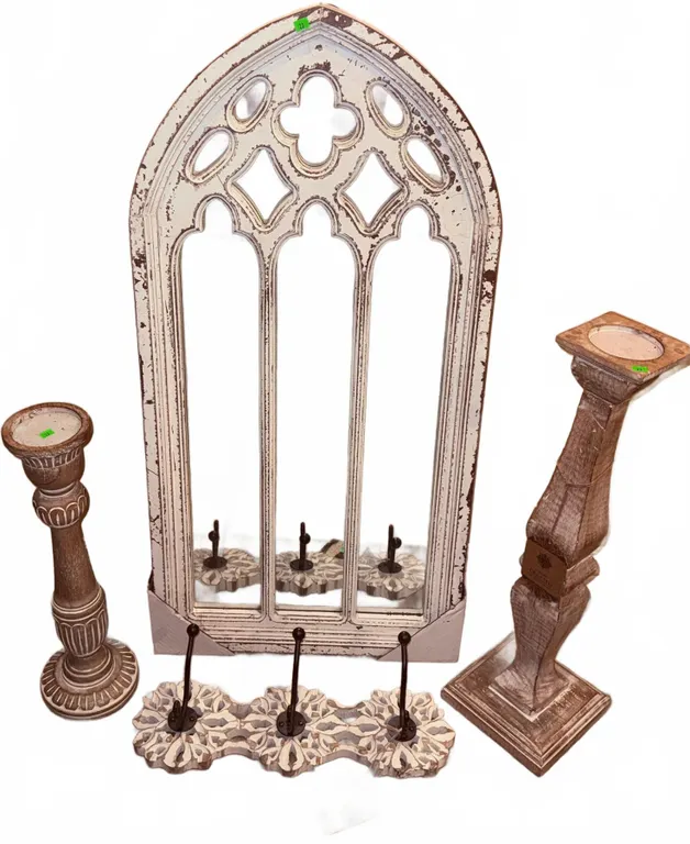 Gothic Arch Wall Mirror with Two Pedestals and Decorative Hook Rack