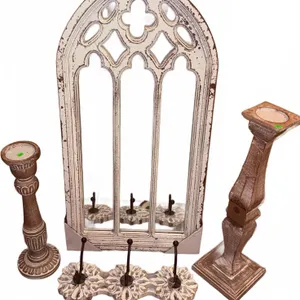 Gothic Arch Wall Mirror with Two Pedestals and Decorative Hook Rack