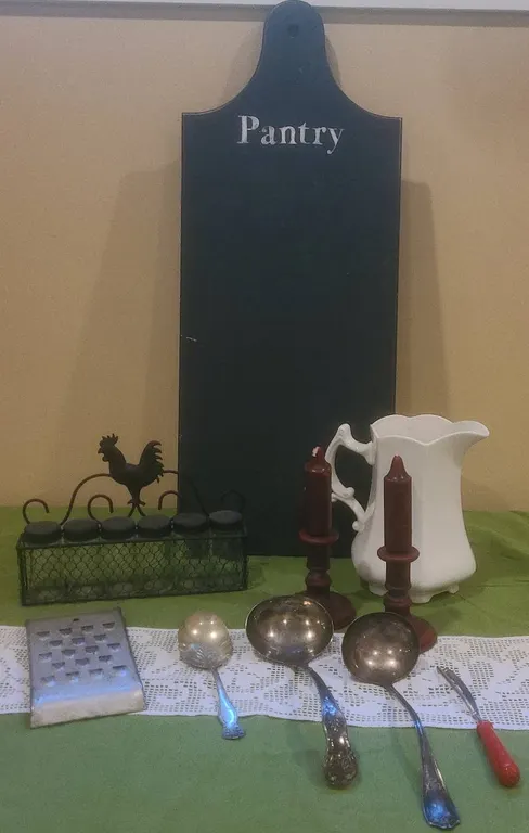 Kitchen Decor Lot: Grace's Teaware Pitcher, Metal Spice Rack, Wooden Candlesticks, Utensils