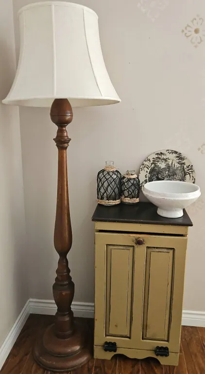 Wood Floor Lamp, Glass Bottles, Bowl, Decorative Cabinet, Plate Assortment