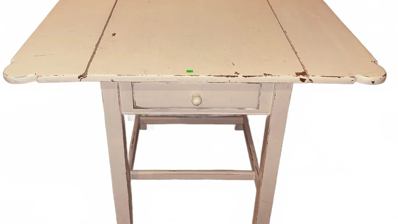 White Painted Wood Drop-Leaf Table with Single Drawer