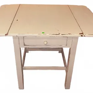 White Painted Wood Drop-Leaf Table with Single Drawer