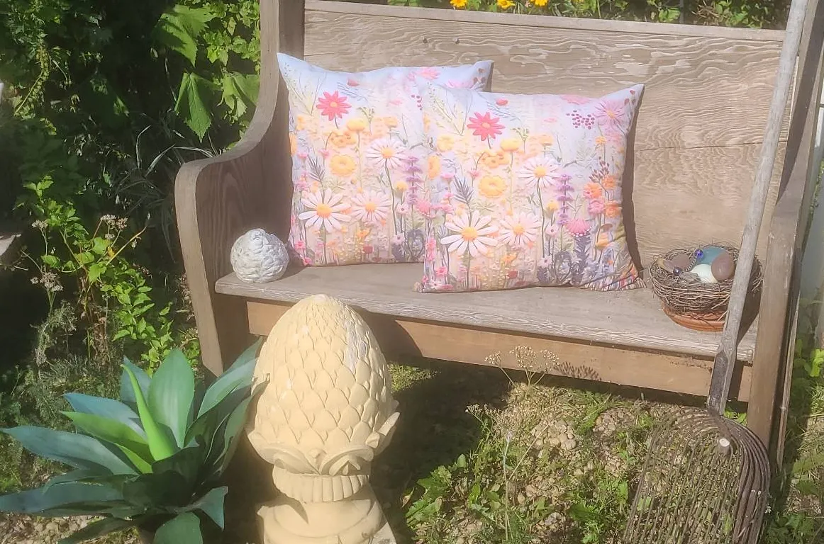 Wooden Church Pew Bench with Pillows, Metal Rake, and Garden Decor
