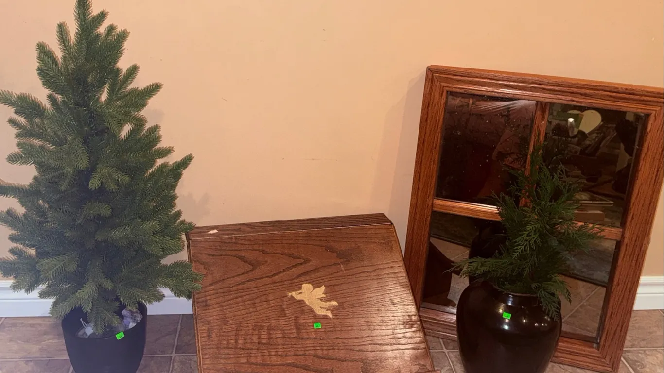 Two Artificial Potted Trees, Framed Wall Mirror, and Wood Storage Bin
