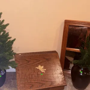Two Artificial Potted Trees, Framed Wall Mirror, and Wood Storage Bin