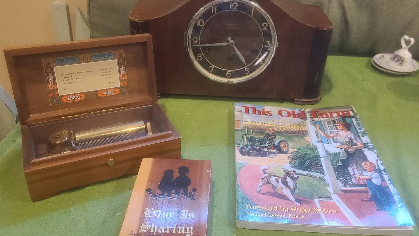 Forestville Chime Mantel Clock, Reuge Music Box, Cedar Trinket Box, This Old Farm Book
