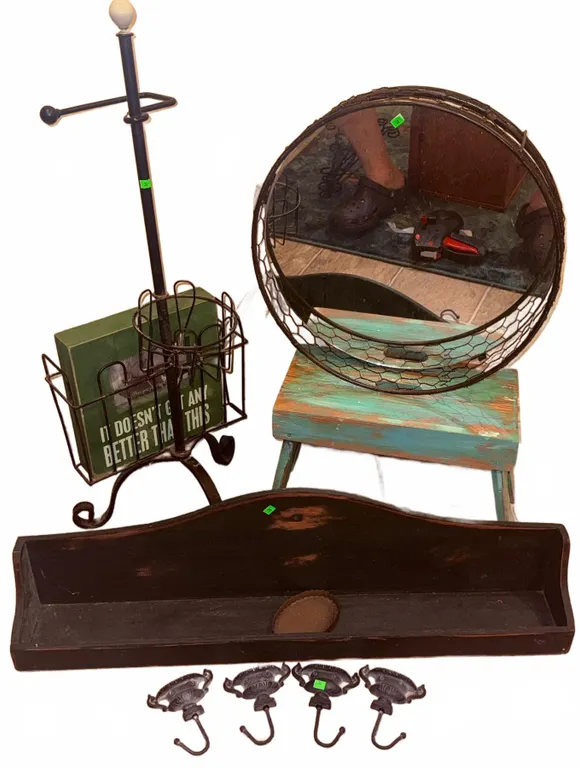 Home Decor Lot: Hooks, Shelf, Stool, Mirror, Rack