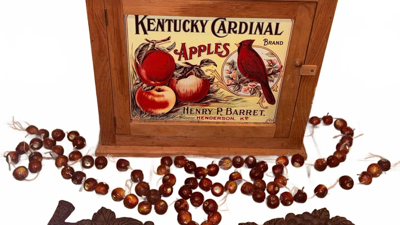 Wooden Wall Cabinet with Kentucky Cardinal Apples Advertising Panel and Decorative Items