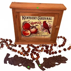 Wooden Wall Cabinet with Kentucky Cardinal Apples Advertising Panel and Decorative Items