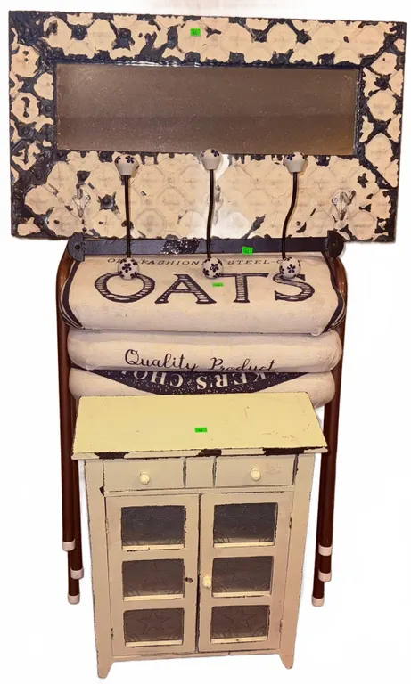 Home Decor Including Distressed Cabinet, Wall Hooks, Mirror, and Stools