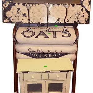 Home Decor Including Distressed Cabinet, Wall Hooks, Mirror, and Stools