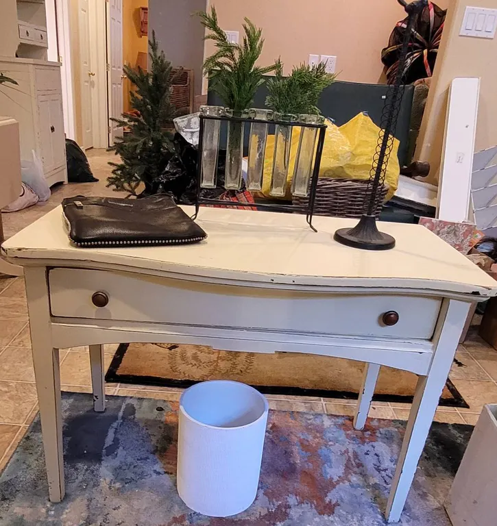 Wood Desk Table with Drawer, Leather Purse, Glass Vase Holder