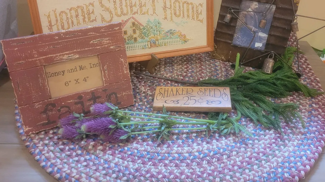 Country Decor with Framed Cross Stitch, Frames, Sign, Braided Rug
