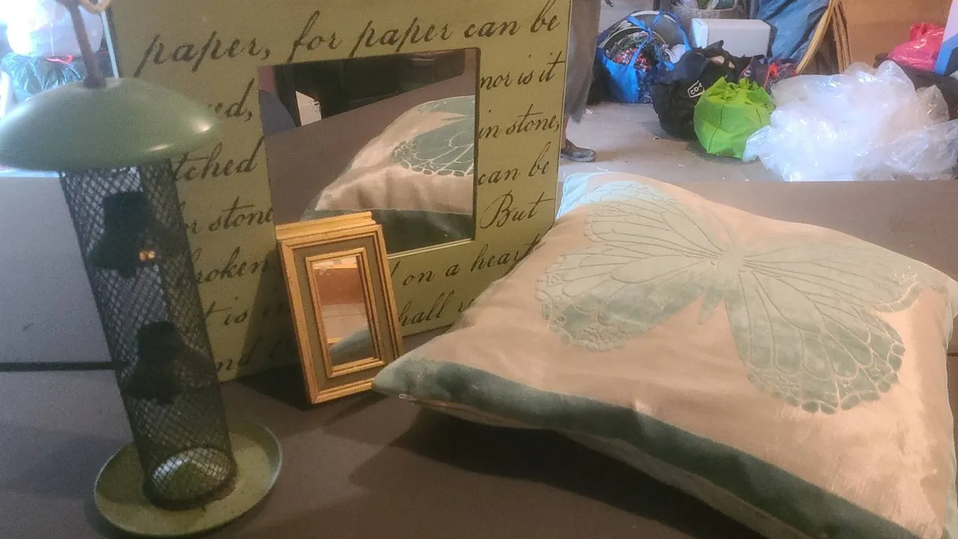 Decor Lot: Green Bird Feeder, Framed Quote Mirror, Gold Mini Mirror, Butterfly Pillow