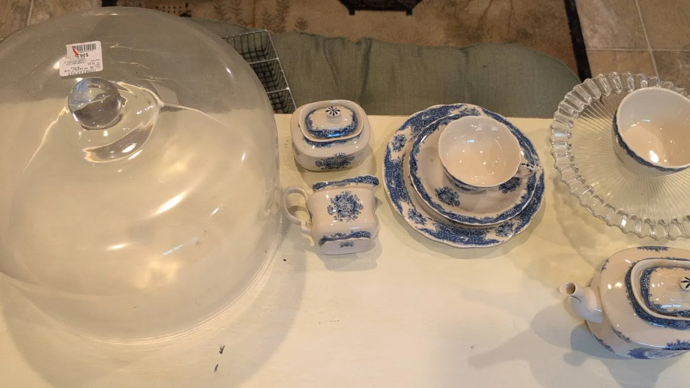 Blue and White Porcelain Tea Set and Glass Cake Dome
