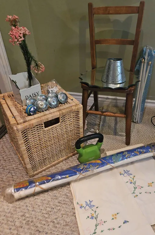 Household Decor Lot With Wicker Basket Chair Drawer Knobs and Embroidered Linens