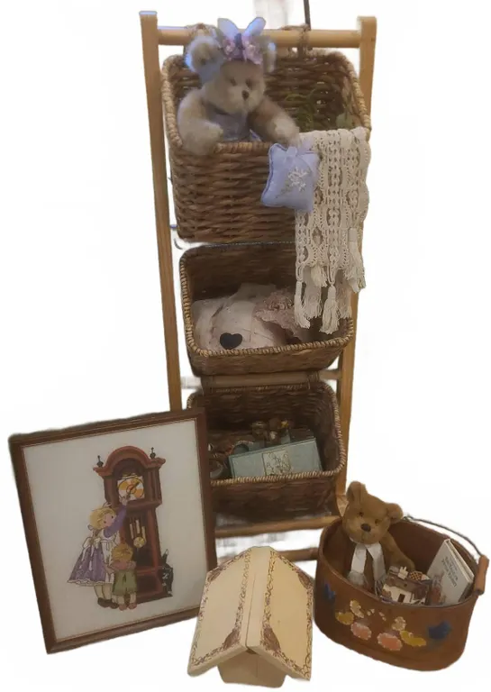 Children’s Decor Bundle With Wicker Basket Stand, Teddy Bears, Wall Art, and Wood Items