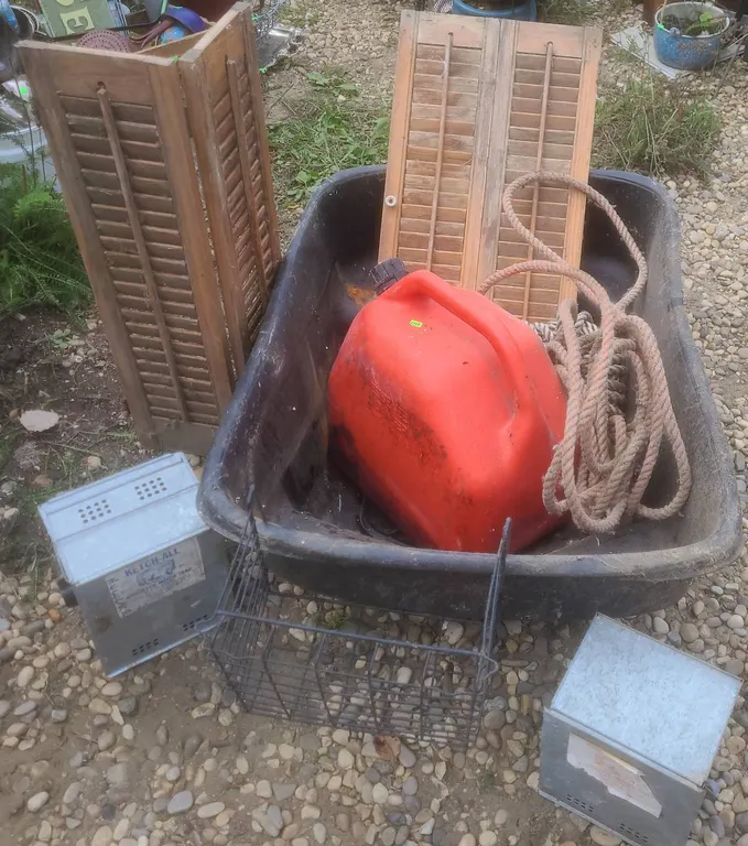 Lot: Catch-All Mouse Traps, Plastic Sled, Shutters, Fuel Can, Rope