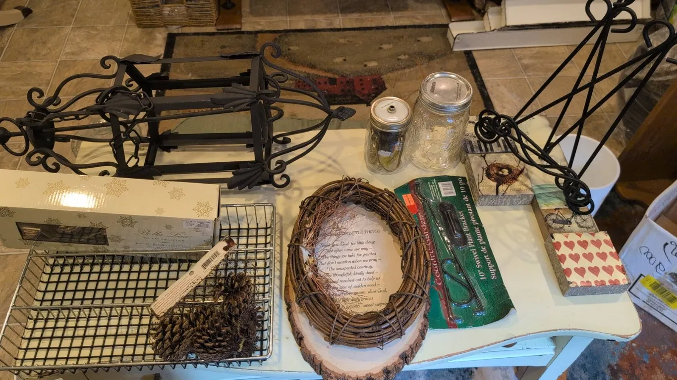 Home Decor Lot with Bella Lux String Lights, Lantern, Mason Jars, Plant Bracket