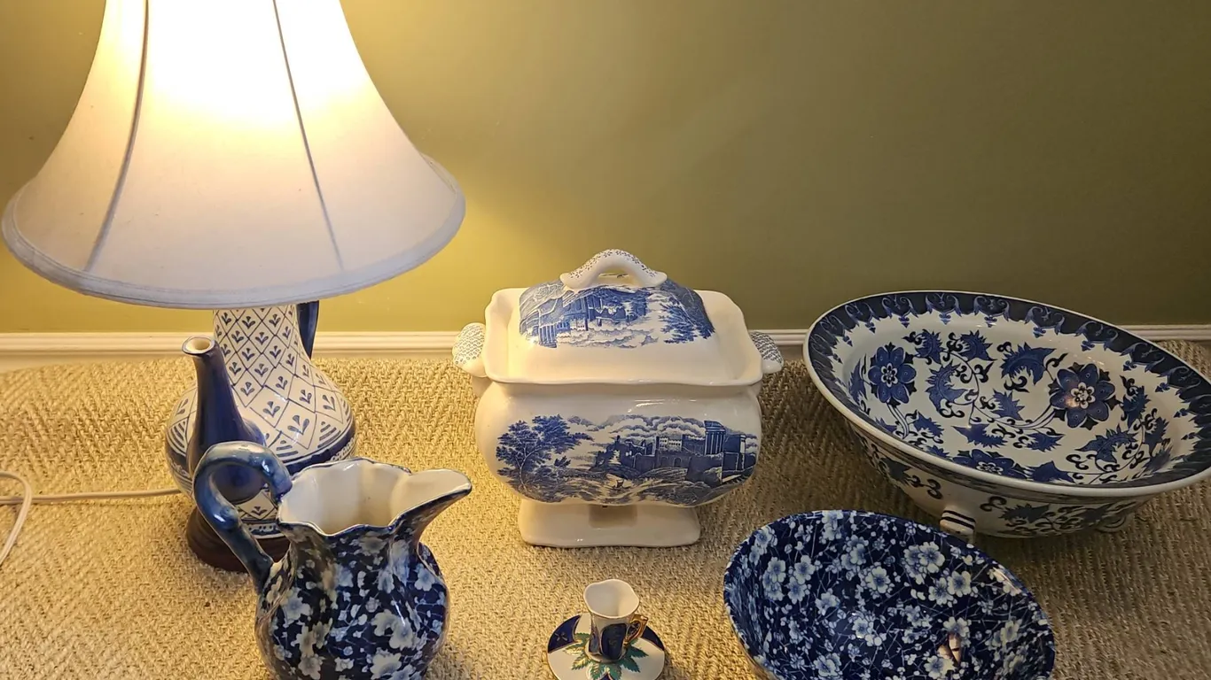 Blue and White Ceramic Decor Lot Including Lamp, Bowls, Tureen, and Pitcher