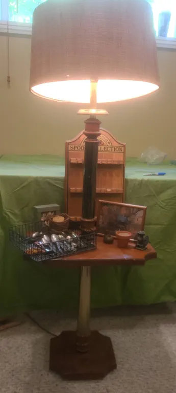 Wood and Brass Floor Lamp with Table, Spoon Collection Rack, Assorted Items