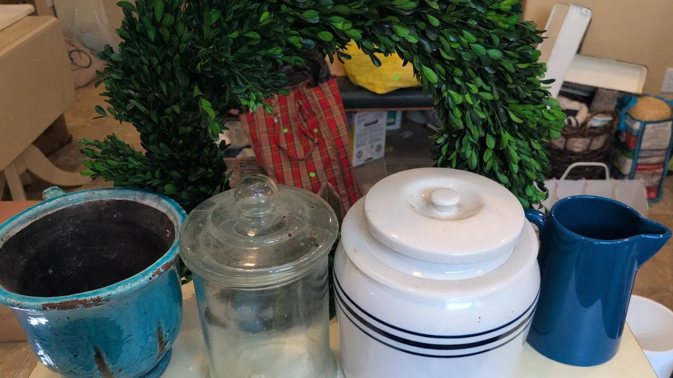 Household Decor with Pitcher, Planter, Dispensers, and Faux Wreath