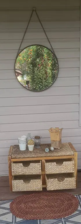 Entryway Set: Woven Storage Bench and Hanging Round Mirror