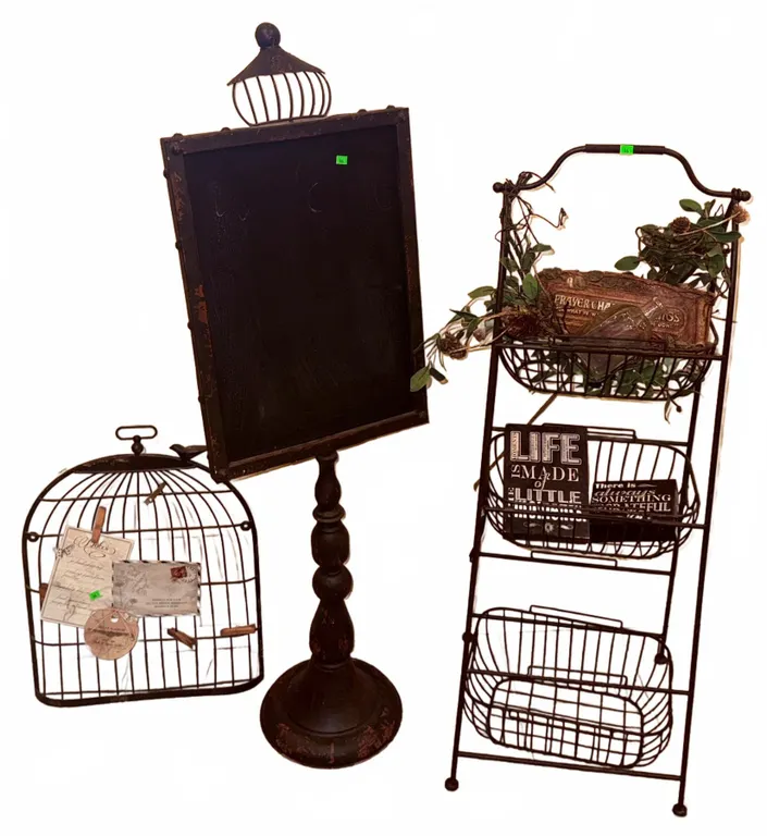 Metal Standing Chalkboard, Wire Birdcage, and 3-Tier Wire Shelf