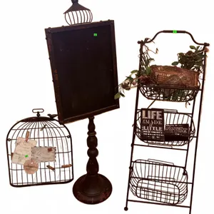 Metal Standing Chalkboard, Wire Birdcage, and 3-Tier Wire Shelf