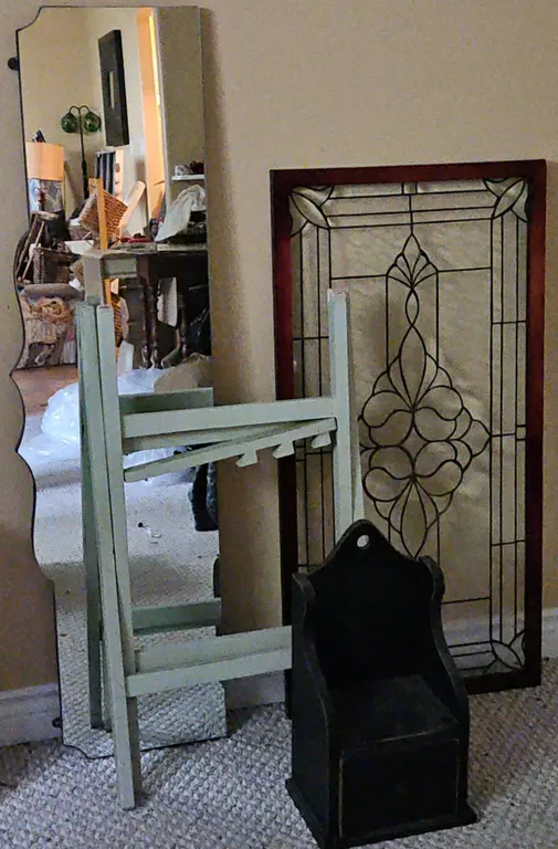 Lot: Framed Leaded Glass, Wall Mirror, Step Stool, Small Storage Box