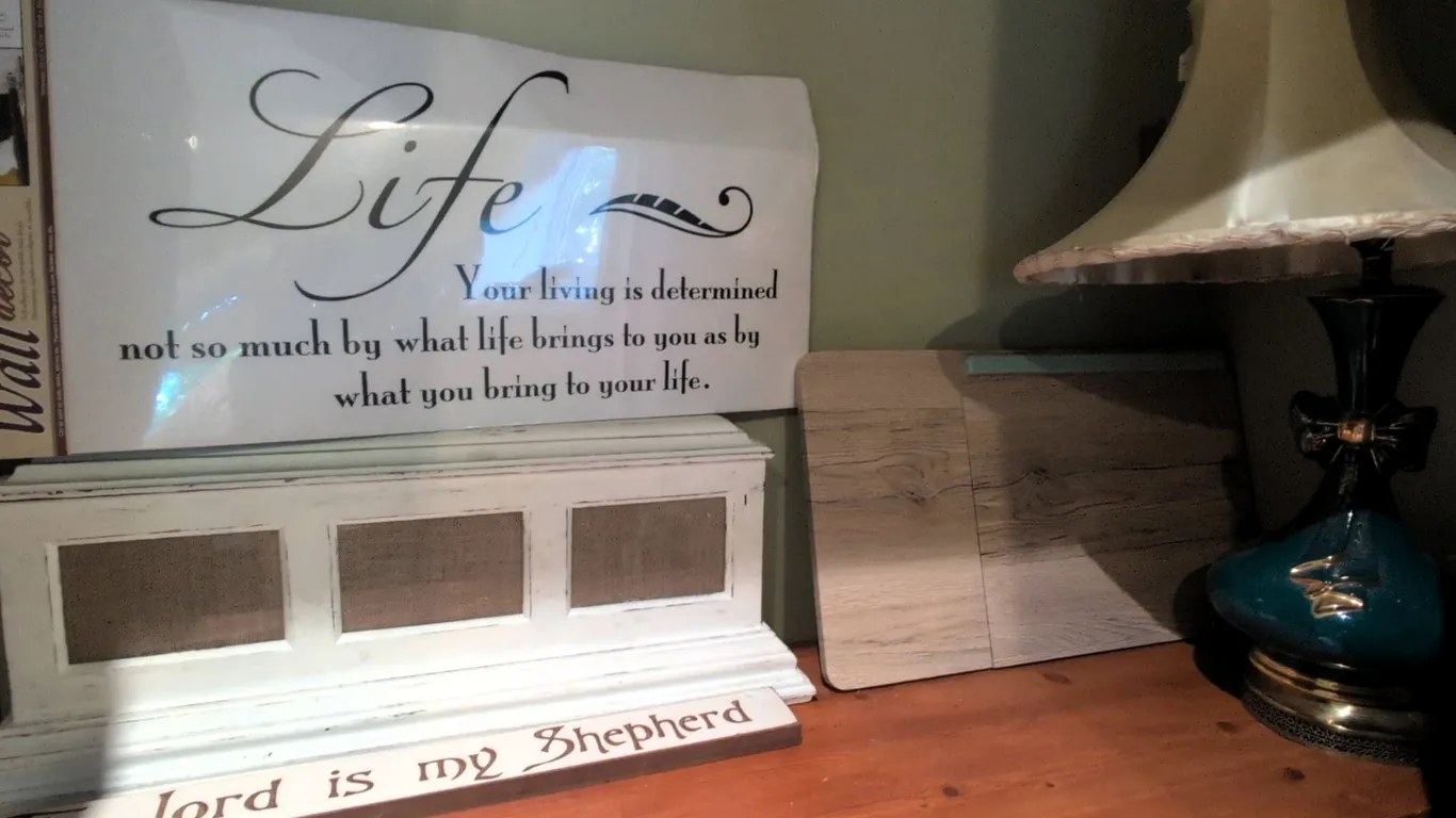 Decorative Wall Art, Wood Mantel Piece, Folding Tray Table, and Teal Ceramic Lamp