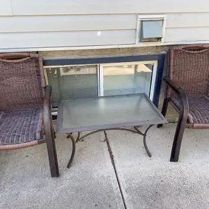 Outdoor Patio Set with Glass-Top Table and Two Wicker Chairs