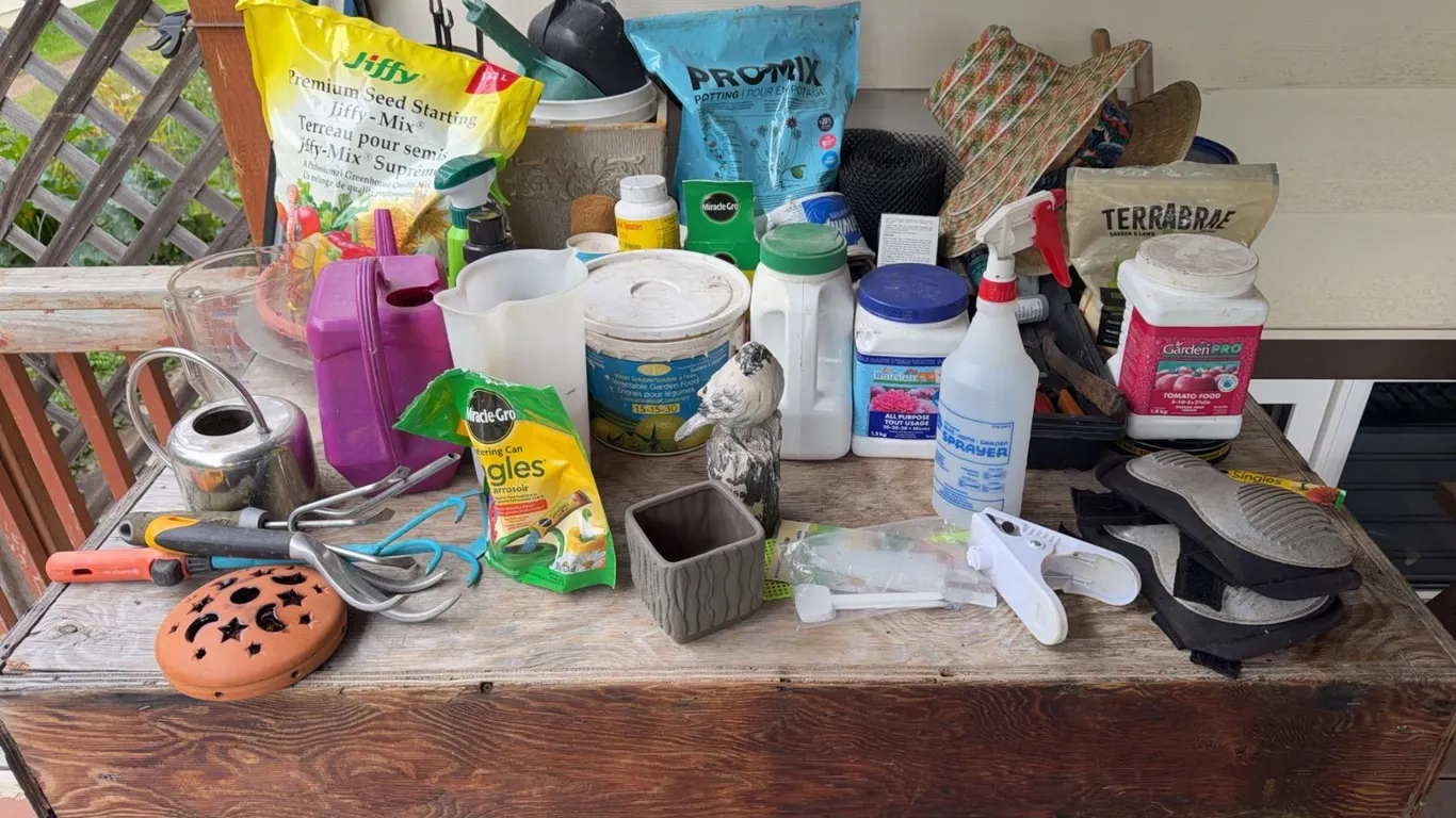 Garden Table with Fertilizers, Tools, and Potting Soil