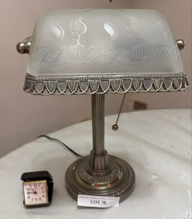 Frosted Glass Bankers Lamp and Foldable Clock