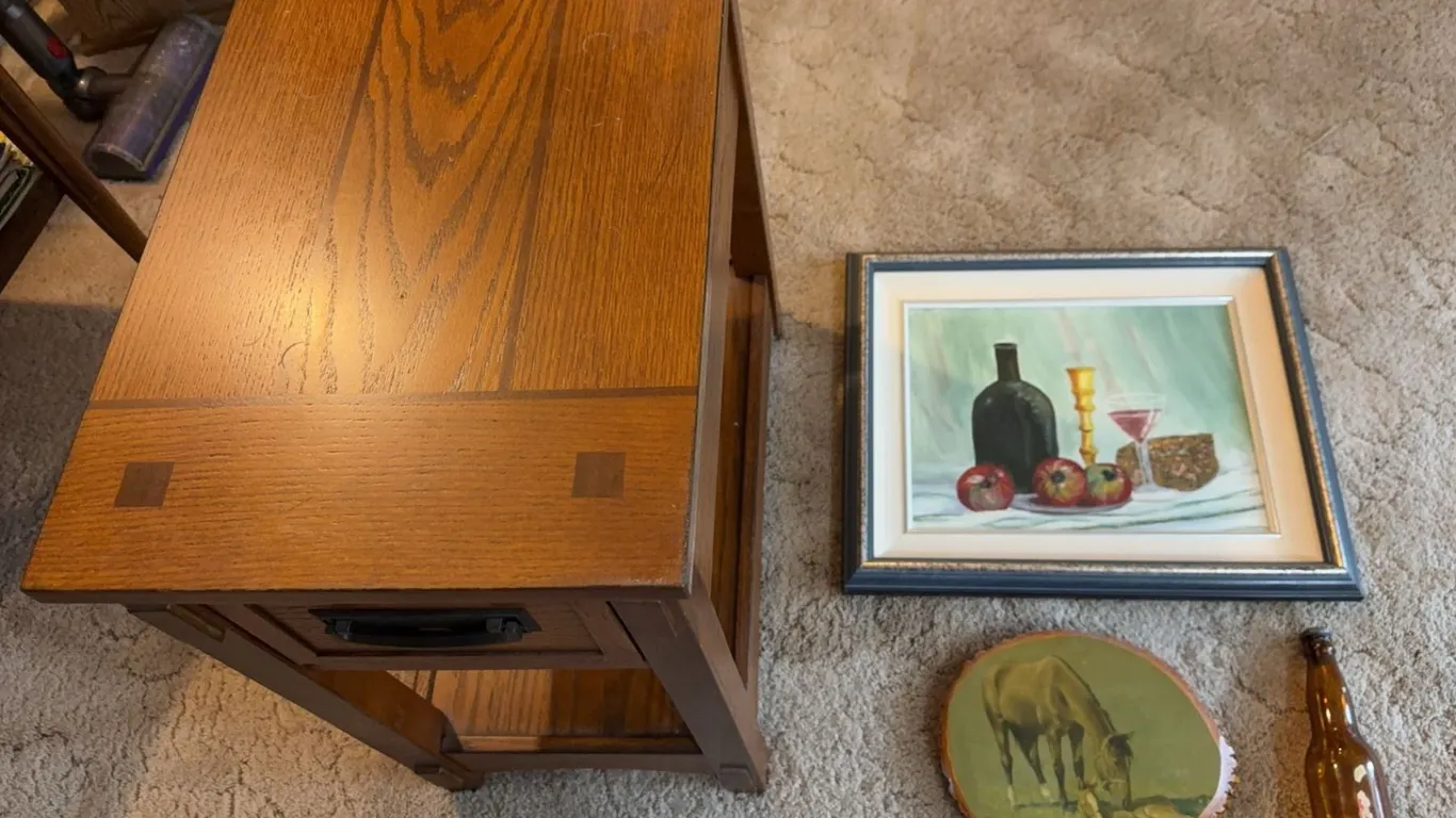 Mission Style Oak Table, Oil Painting, Bottle, Plaque