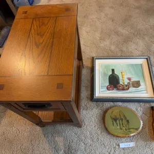 Mission Style Oak Table, Oil Painting, Bottle, Plaque