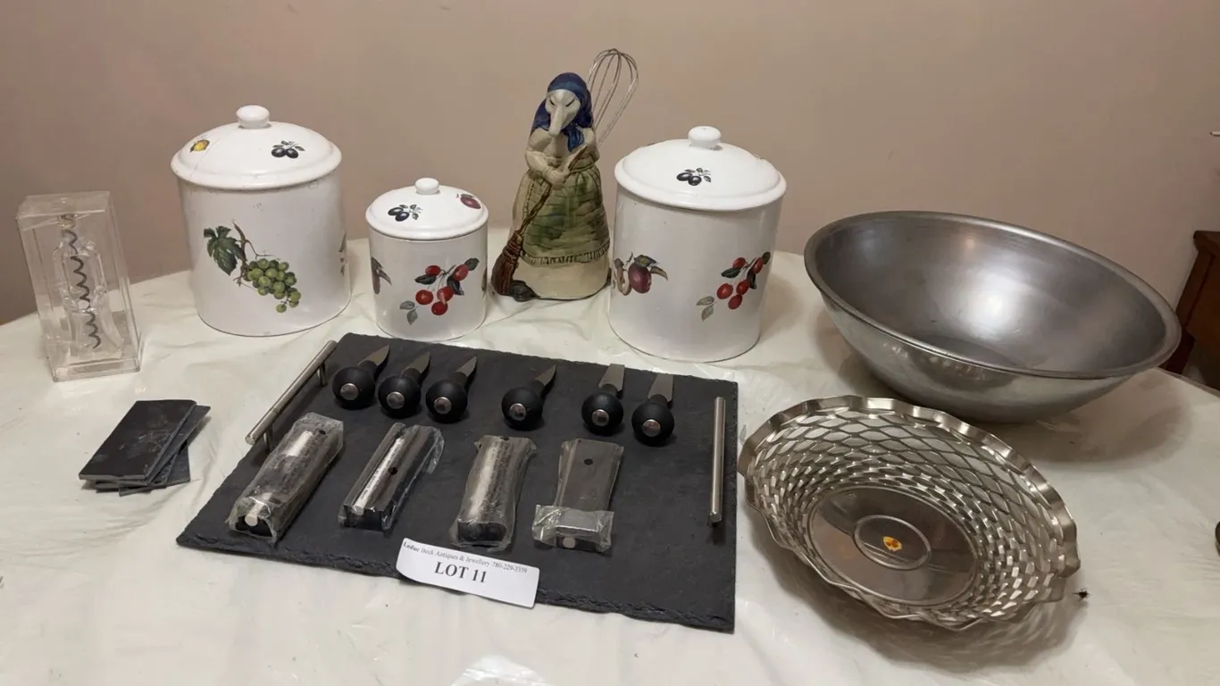 Kitchenware Lot With Canisters, Utensils, and Bowls