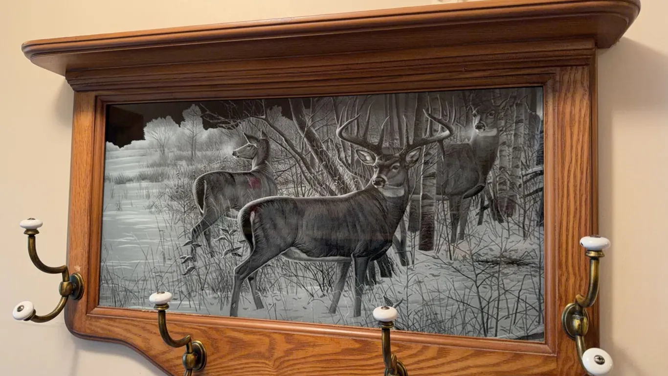 Wooden Wall Shelf with Deer Illustration and Coat Hooks